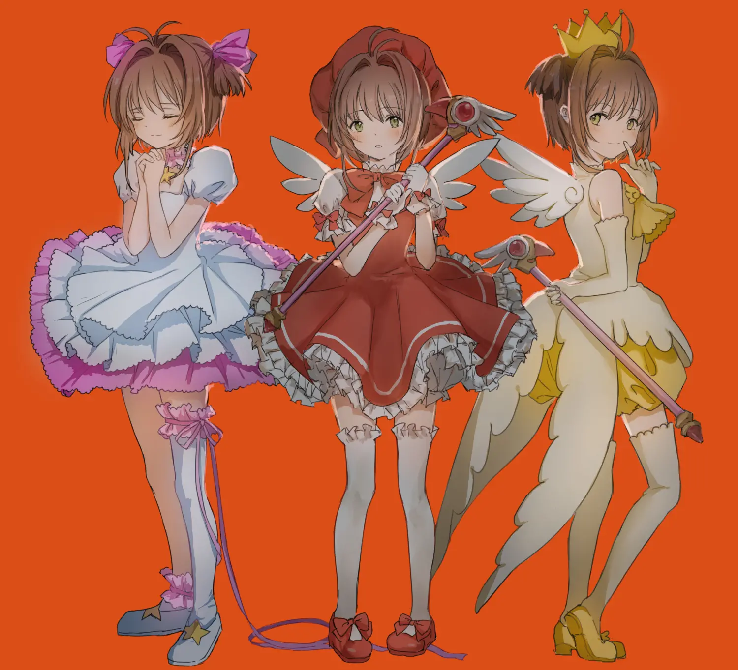 カードキャプターさがの木之本桜が魔法の杖を手に持ち、空を見上げるシーン